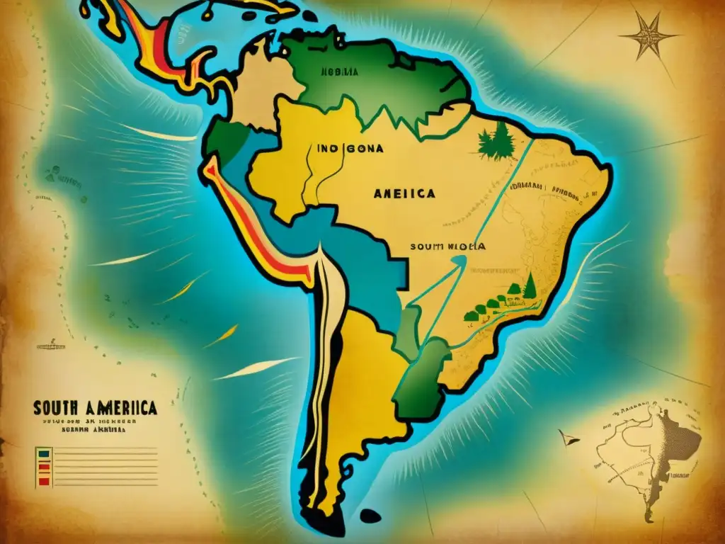 Un mapa vintage de Sudamérica con líneas dibujadas a mano que marcan territorios de tribus indígenas extintas