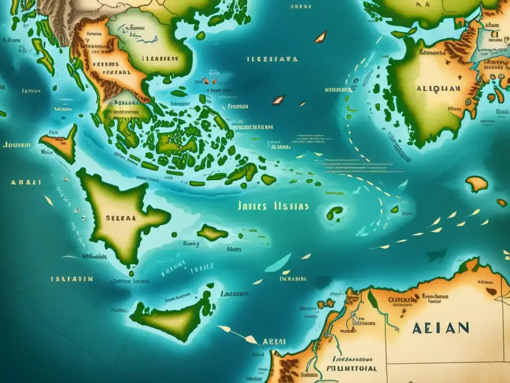 Mapa vintage del Mar Egeo con detalles de arquitectura, barcos y paisajes de cada isla