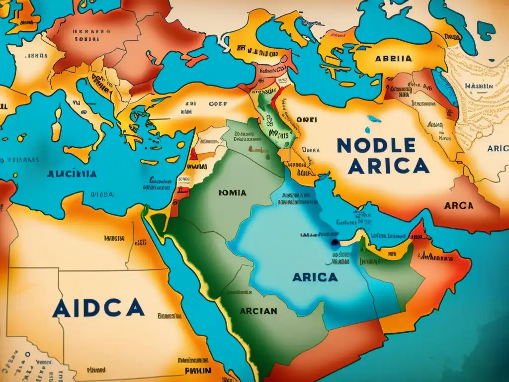 Mapa vintage de Oriente Medio y África del Norte con rutas migratorias y lenguas semíticas, evocando la riqueza de los orígenes del árabe