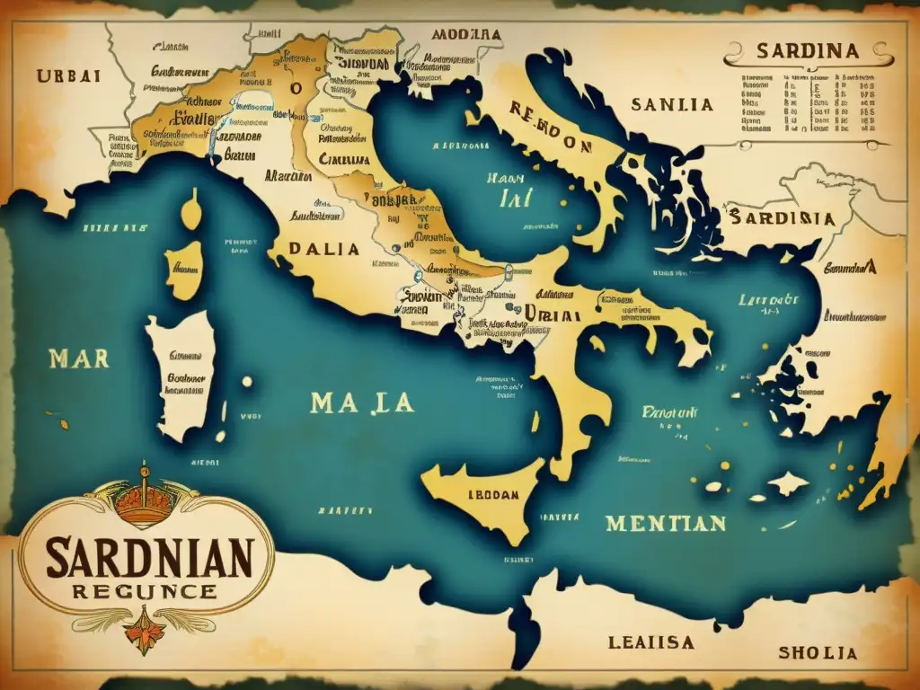 Mapa vintage del Mediterráneo con anotaciones lingüísticas, resaltando el papel del sardo en fonética