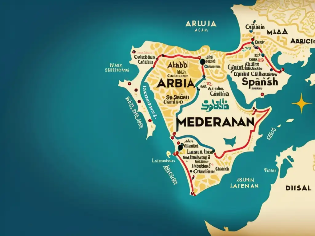 Mapa vintage del Mediterráneo con influencia árabe en el español