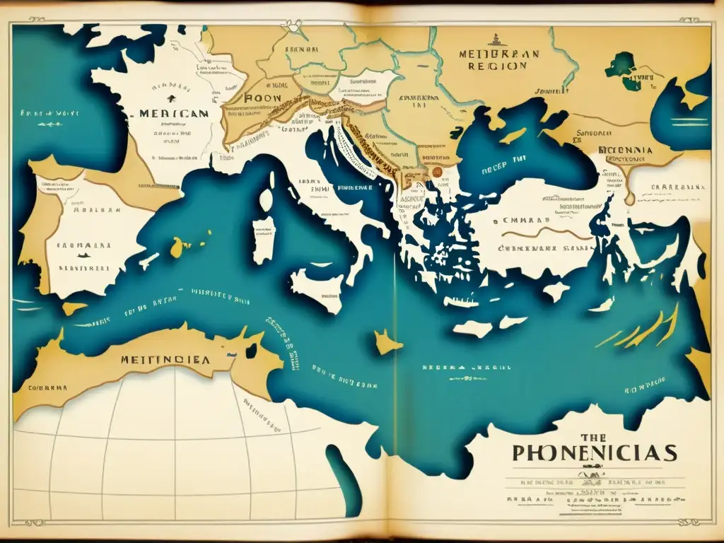 Mapa vintage del Mediterráneo, legado lingüístico semítico en rutas comerciales antiguas, detalle en pergamino envejecido