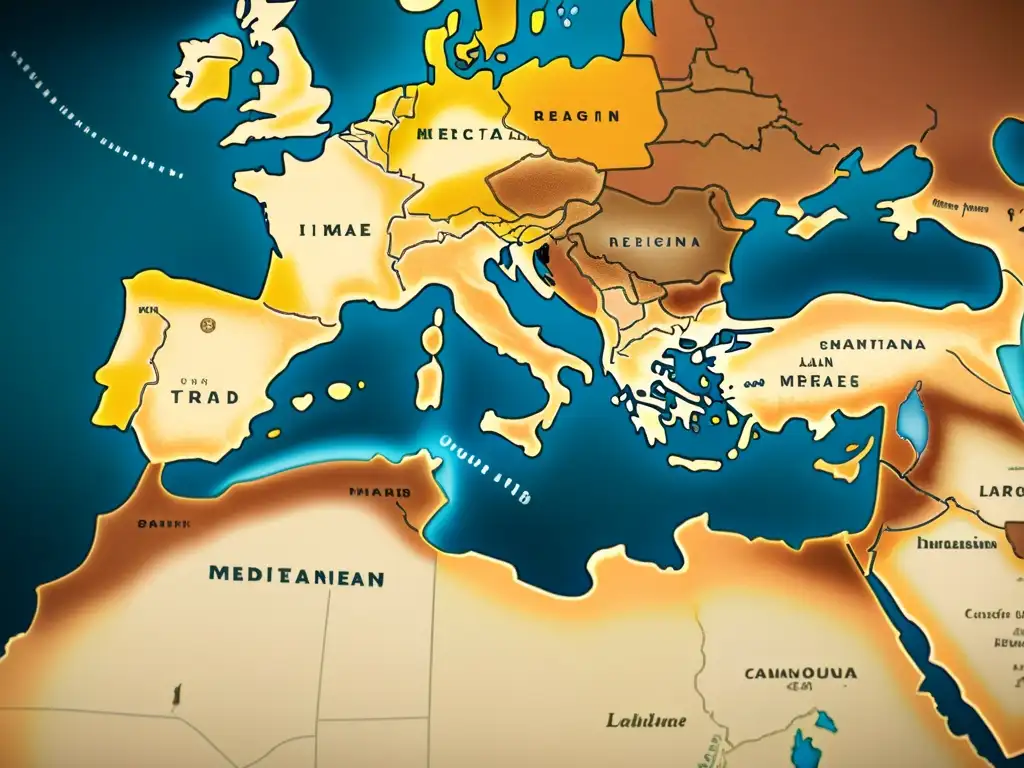 Mapa vintage del Mediterráneo con rutas comerciales, ciudades portuarias y lenguas romances