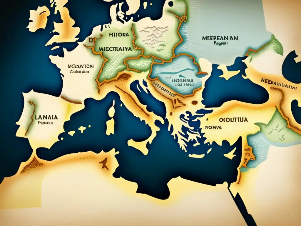 Mapa vintage de la región mediterránea con migraciones en la difusión lingüística, ciudades clave y elementos cartográficos detallados