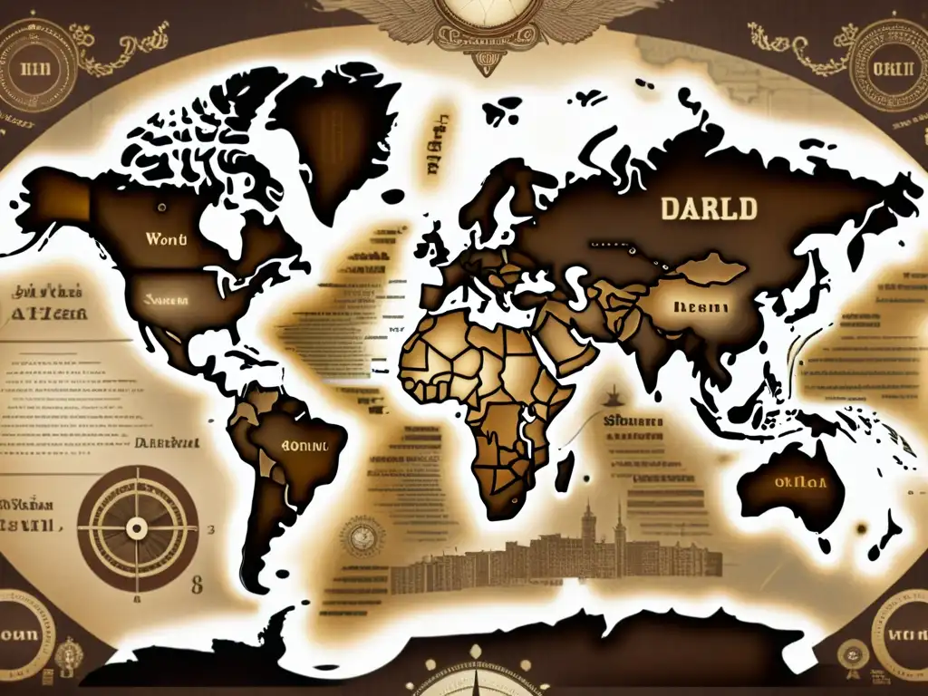 Un mapa vintage del mundo con detalles de lenguas y dialectos en varios estilos de escritura