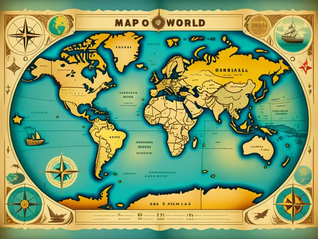 Mapa vintage del mundo con detalles intrincados y colores desgastados, evocando nostalgia y aventura