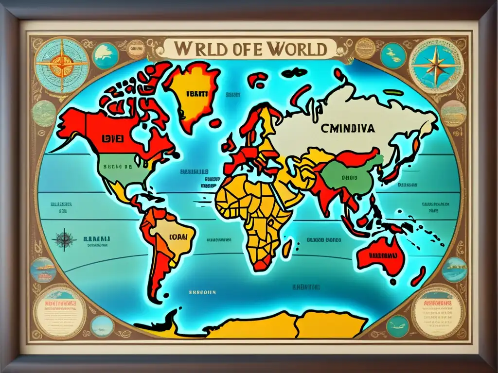 Mapa vintage del mundo con detalles intrincados y colores desgastados, muestra culturas y lenguajes con símbolos y tipografía única