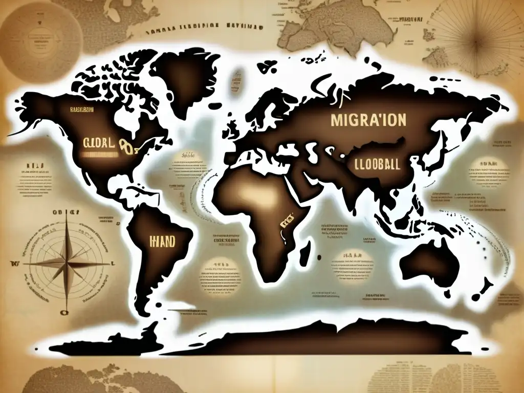 Mapa vintage del mundo con detalles intrincados, mostrando regiones lingüísticas y personas en movimiento, simbolizando el impacto de la migración en la diversidad lingüística del planeta