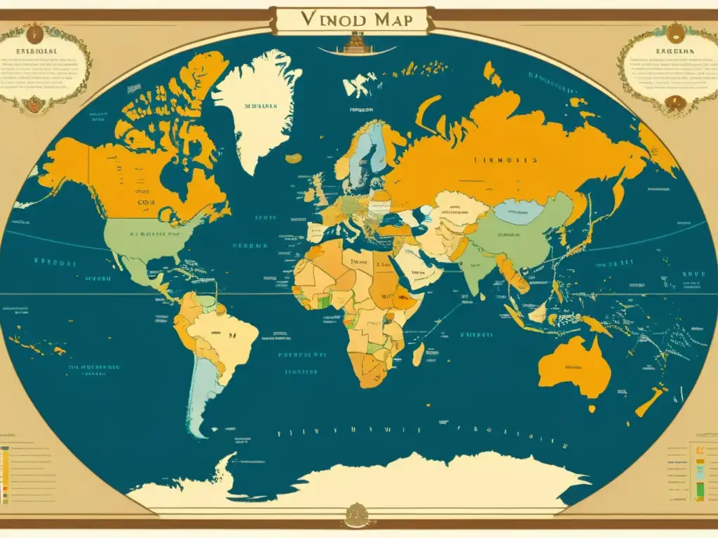 Mapa vintage del mundo con detalles intrincados, mostrando la distribución de idiomas minoritarios