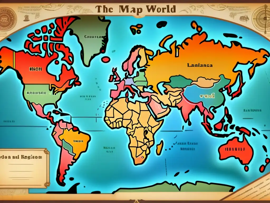 Mapa vintage del mundo con detalles y colores desgastados, mostrando idiomas y puntos culturales