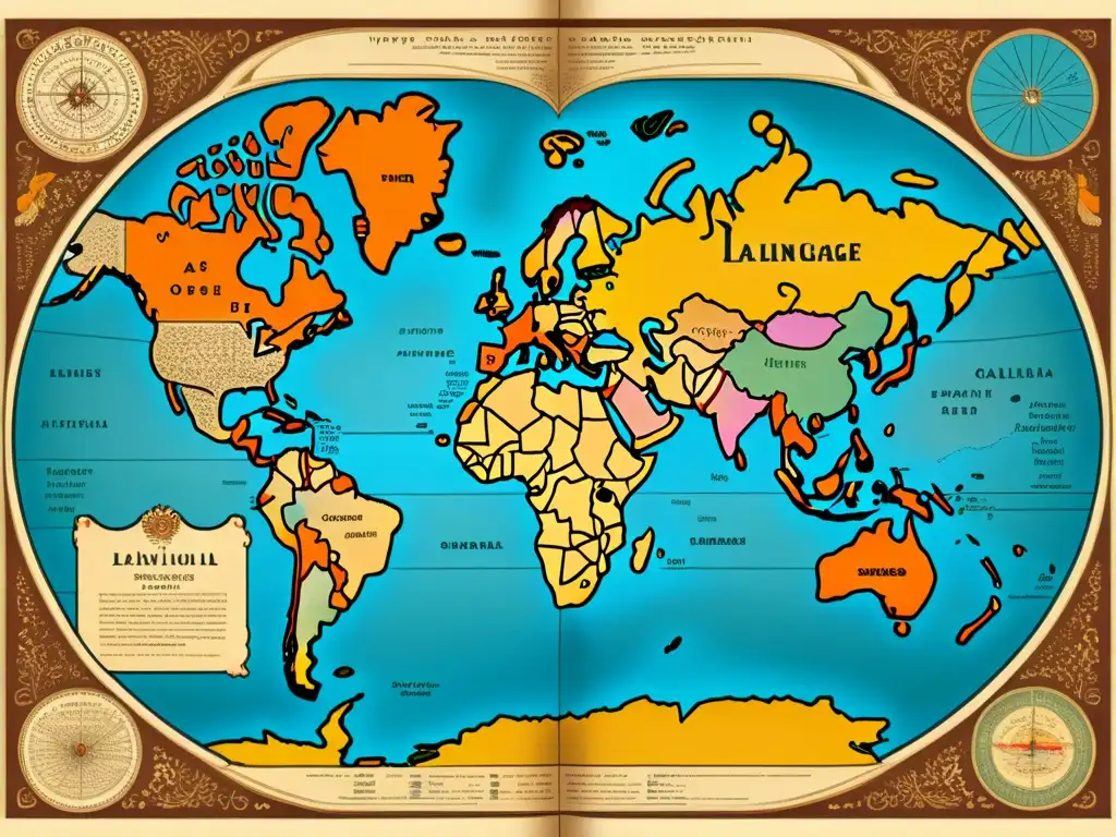 Mapa vintage del mundo con detalles de familias lingüísticas, destacando el impacto de la IA en lenguas a lo largo del tiempo