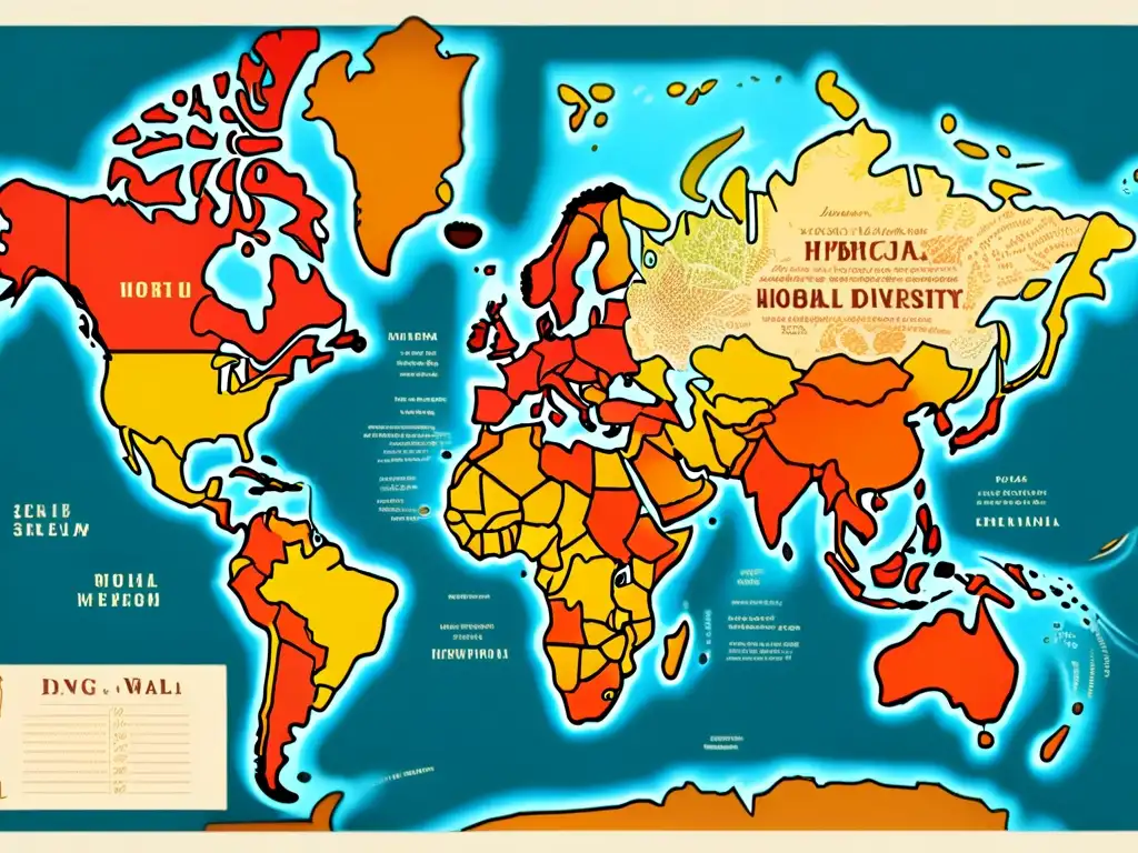 Mapa vintage del mundo con ilustraciones detalladas que muestran las influencias lingüísticas y lenguas criollas más habladas en distintas regiones