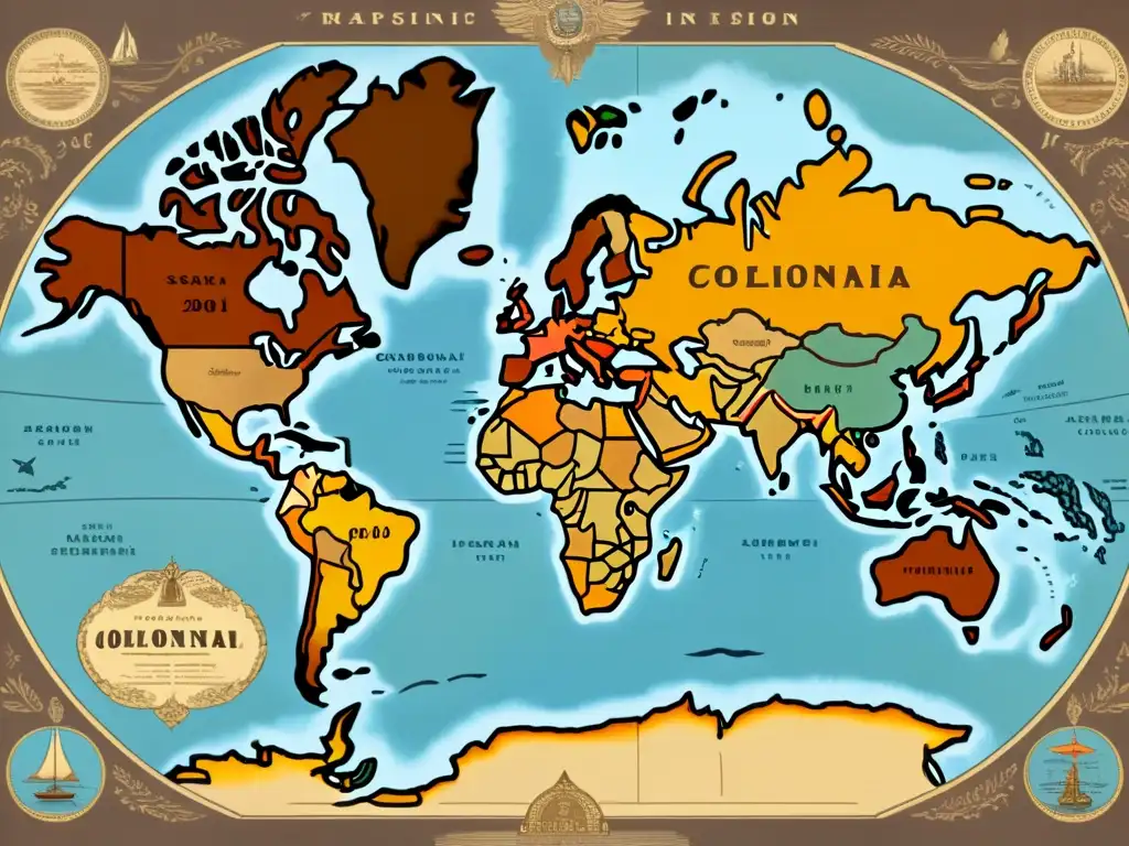 Mapa vintage del mundo, influencia del colonialismo en lenguas, tonos sepia y caligrafía detallada