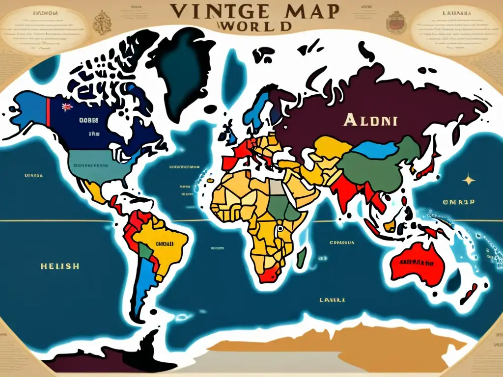 Un mapa vintage del mundo con influencia del inglés en otros idiomas, mostrando conexiones globales y un ambiente cálido y nostálgico