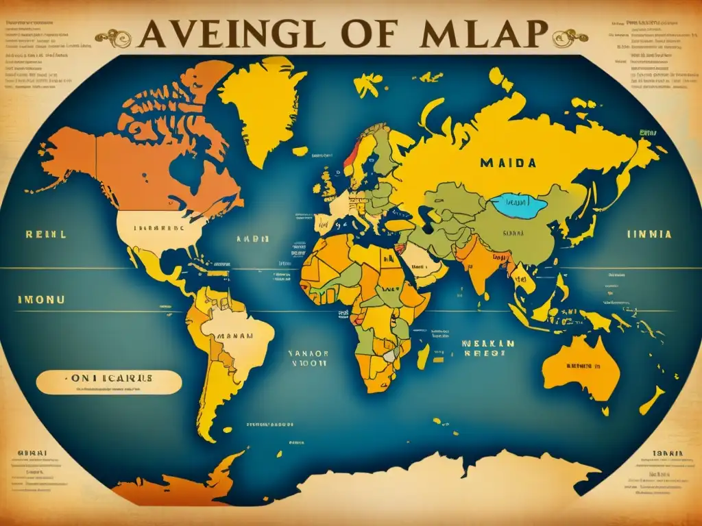 Mapa vintage del mundo con lenguajes superpuestos, reflejando la diversidad cultural y la influencia del inglés en la globalización