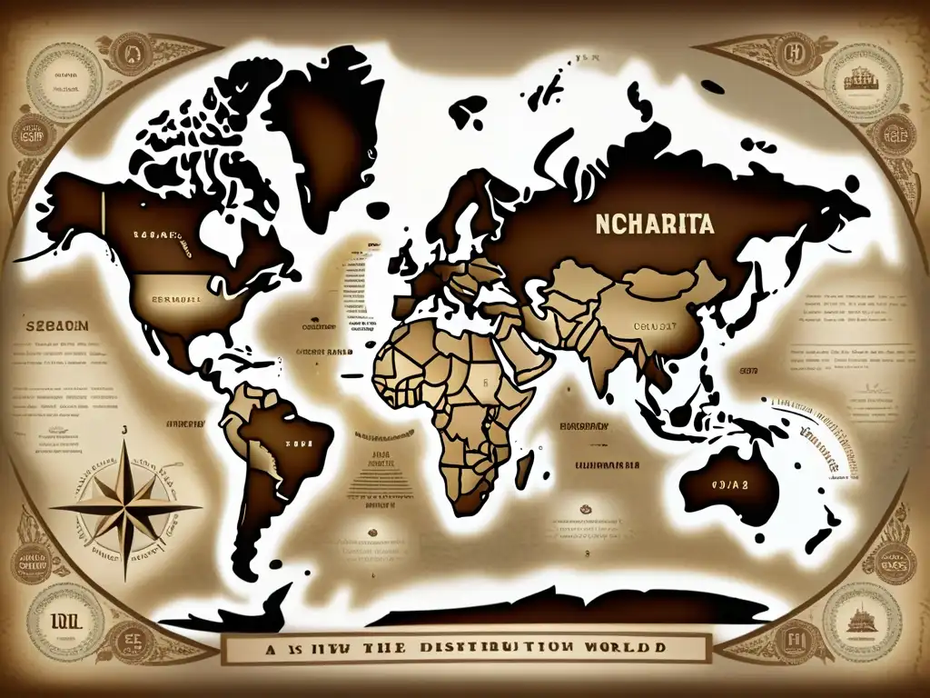 Mapa vintage del mundo con lenguas minoritarias del mundo, detalles intrincados y tonos sepia que evocan historia y diversidad cultural