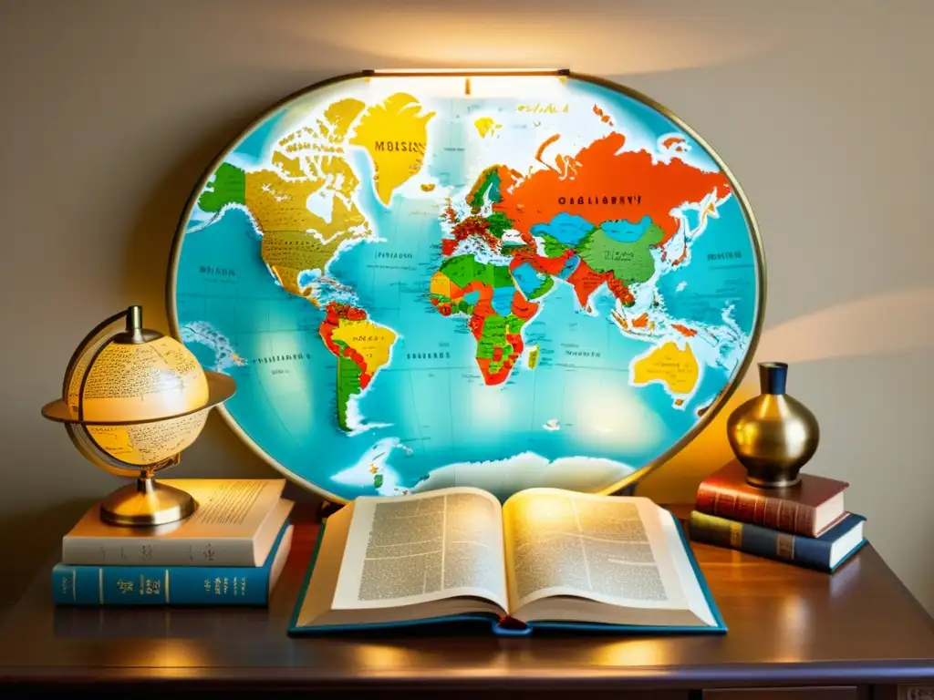 Mapa vintage del mundo con libros antiguos de diferentes culturas, iluminados por una cálida lámpara de mesa de bronce