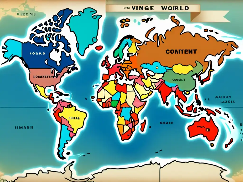 Un mapa vintage del mundo resaltando países en diferentes colores, mostrando la complejidad de proyectos de localización de contenido