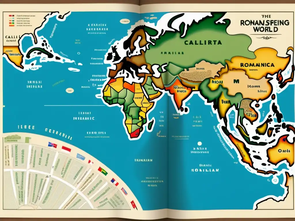 Mapa vintage del mundo de habla romance, con detalles geográficos y distribución lingüística