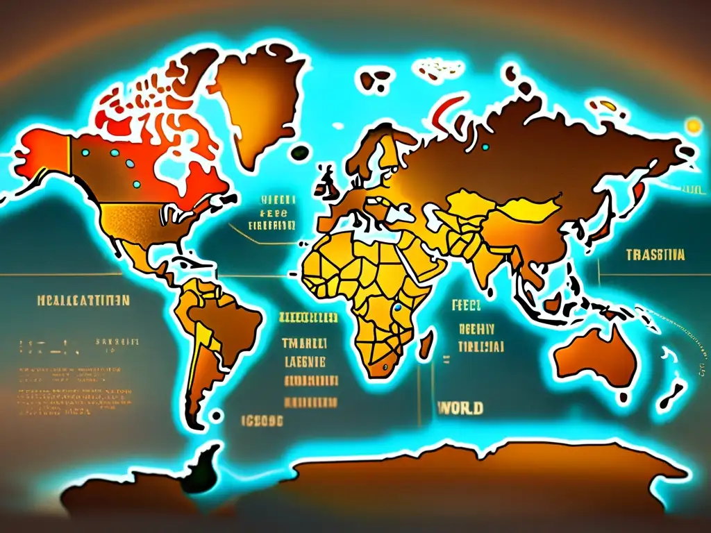 Mapa vintage del mundo con tecnologías emergentes en localización de idiomas, fusionando lo antiguo y lo nuevo