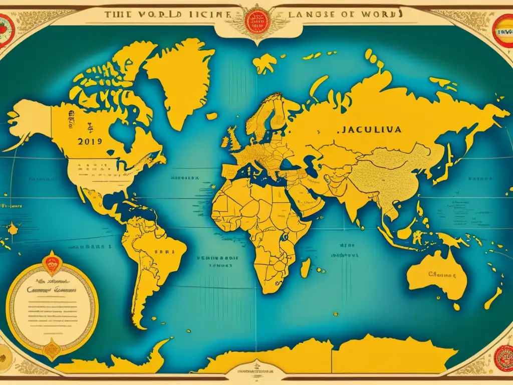 Mapa vintage de lenguas raras: diversidad y belleza lingüística Mapa vintage del mundo con traducción de idiomas raros, ilustrando la diversidad y riqueza lingüística en delicada caligrafía y símbolos únicos