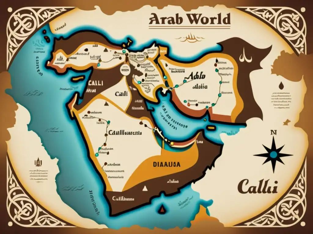 Mapa vintage del mundo árabe, destacando variaciones dialectales en caligrafía