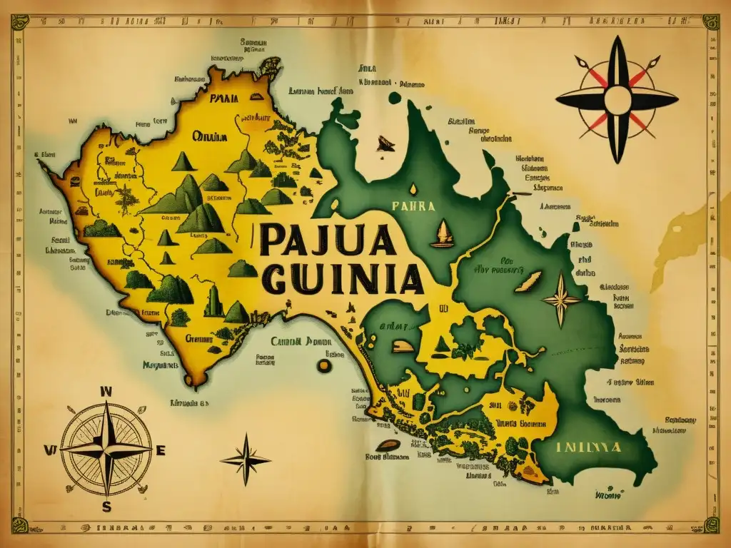 Mapa vintage de Papua Nueva Guinea, con símbolos culturales e ilustraciones detalladas que representan la singularidad lingüística Papúa Nueva Guinea en un pergamino envejecido