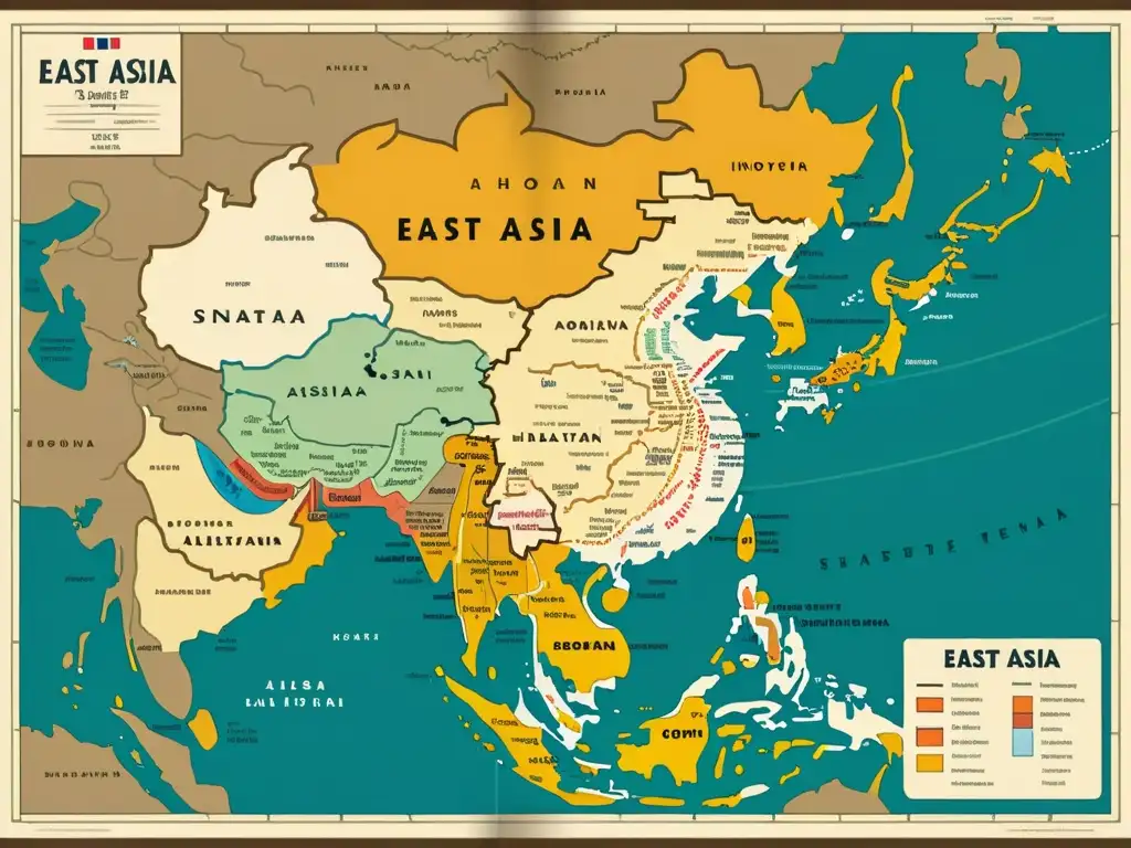 Mapa vintage de Asia Oriental que muestra la diversidad de lenguas sino-tibetanas, con el chino mandarín reemplazando lenguas sino-tibetanas