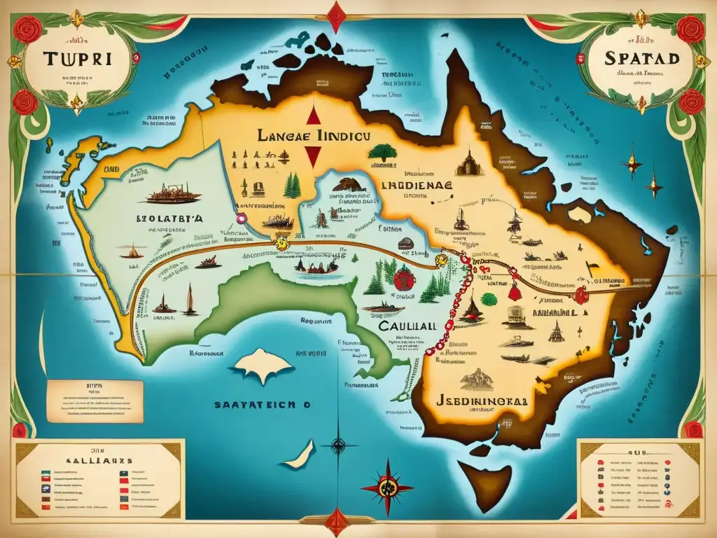 Mapa vintage del idioma Tupí: historia y cultura Mapa vintage ilustrando el origen y evolución de la lengua Tupí, con detalles históricos y culturales en tonos sepia