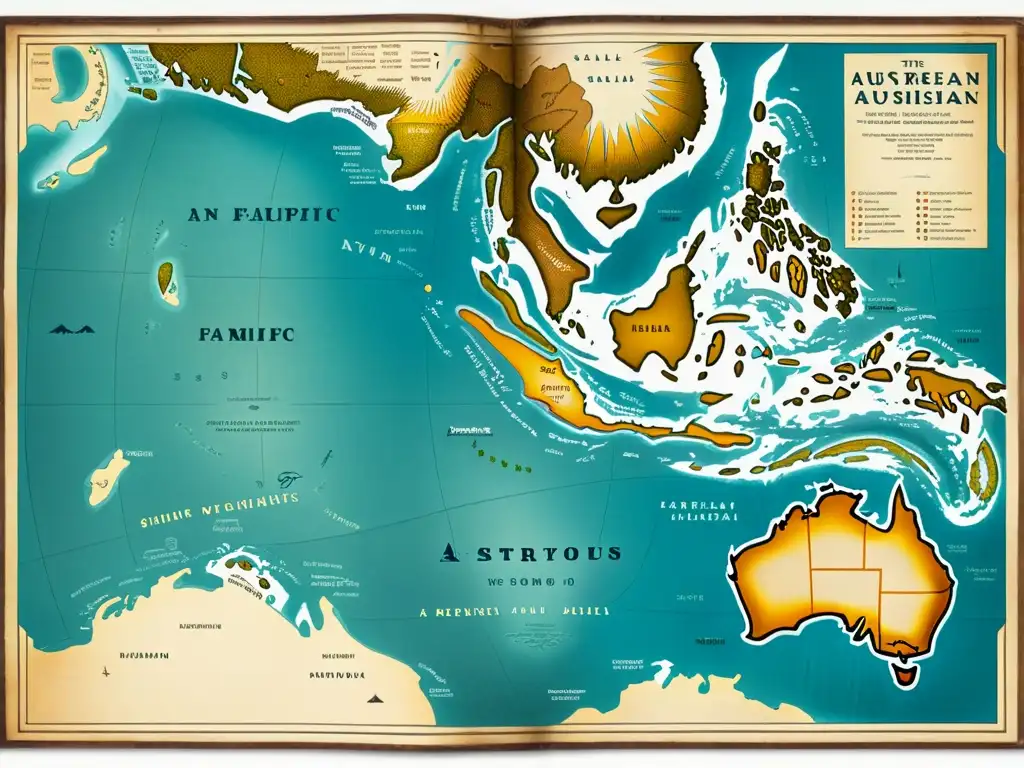 Mapa vintage mostrando el origen y evolución de lenguas austronesias en las Islas del Pacífico, con detalles culturales y navegación tradicional