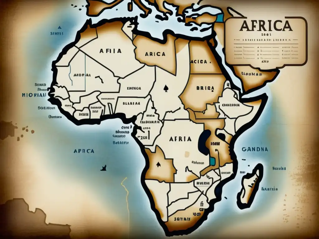 Mapa vintage de África muestra los orígenes y expansión de lenguas bantúes en tonos sepia envejecidos