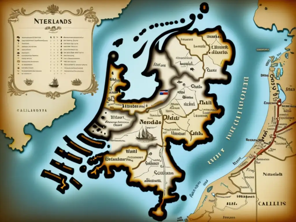 Mapa vintage de los Países Bajos muestra la evolución del neerlandés a idioma, con anotaciones calligráficas y tonos sepia nostálgicos