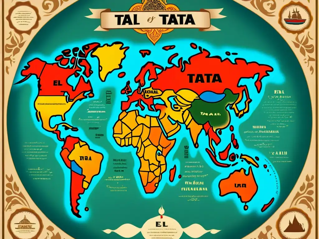 Mapa del mundo pintado a mano en El Taa: belleza lingüística Mapa vintage pintado a mano con caligrafía El Taa, reflejando la belleza del idioma