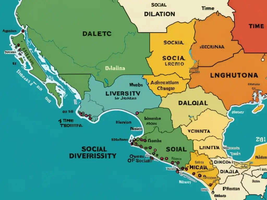 Mapa vintage muestra la redefinición de dialectos regionales y cambios sociales a través de colores vibrantes y apariencia desgastada