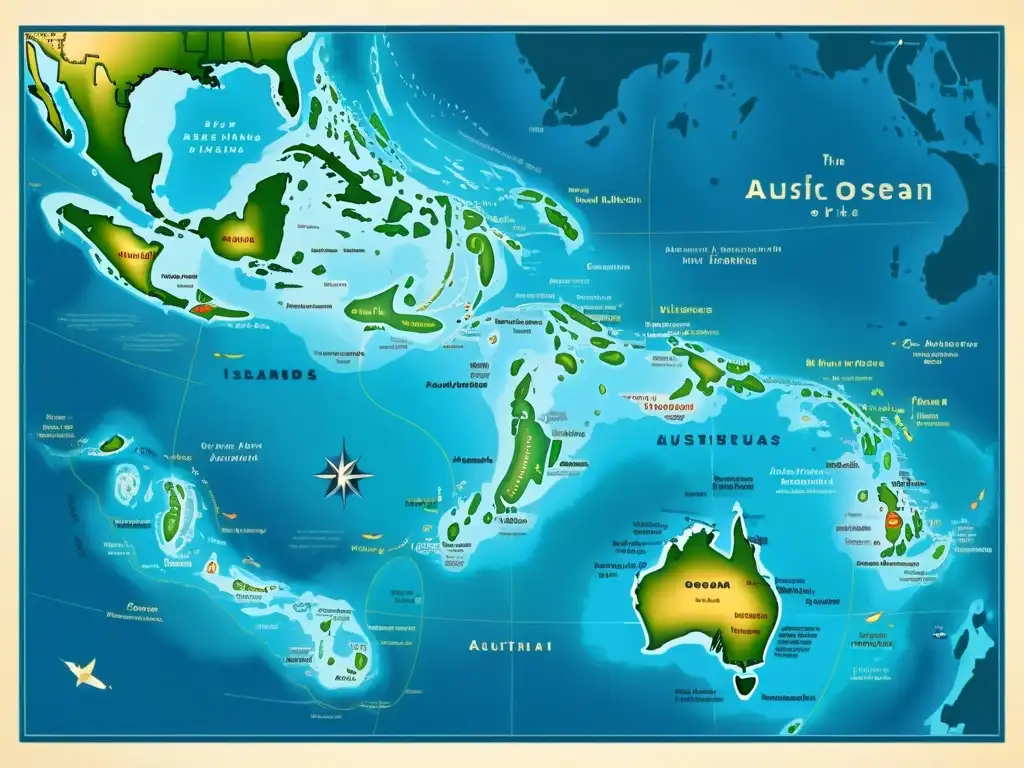 Mapa vintage del océano Pacífico con redes de islas y lenguas austronesias, ilustrando la rica diversidad cultural y lingüística