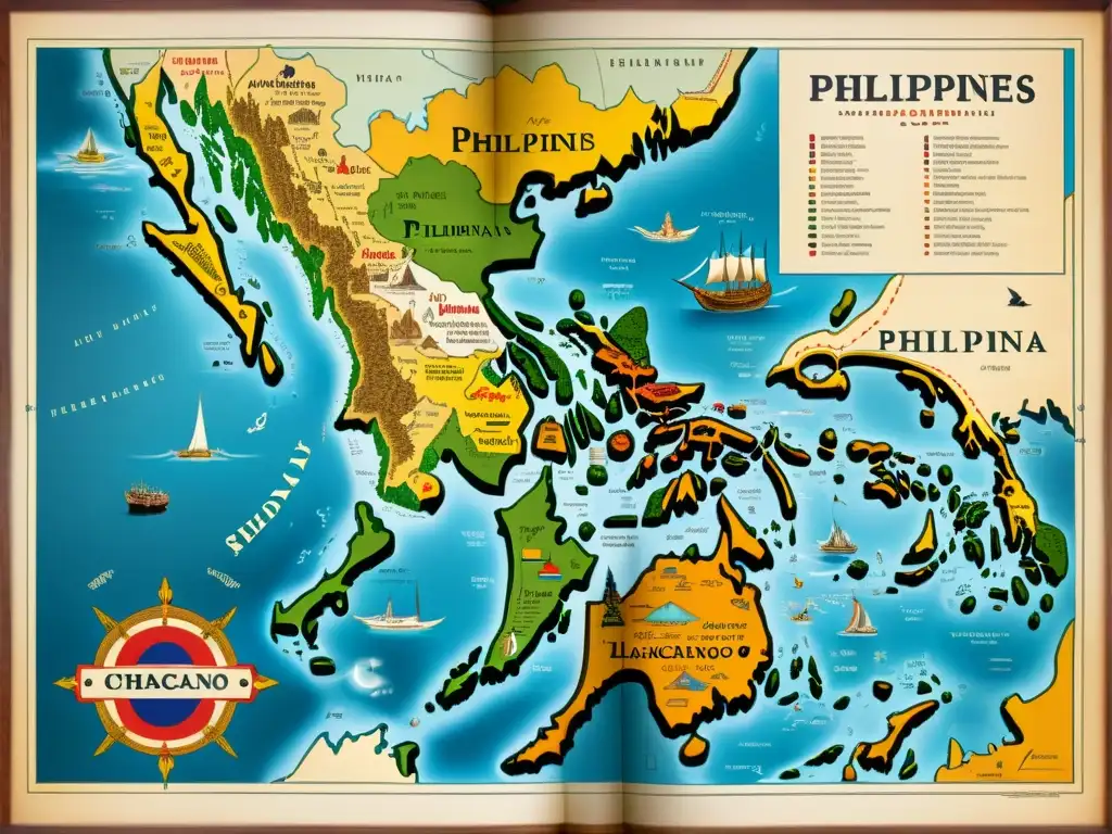 Un mapa vintage de Filipinas y regiones cercanas, ilustrando el origen y desarrollo del Chabacano