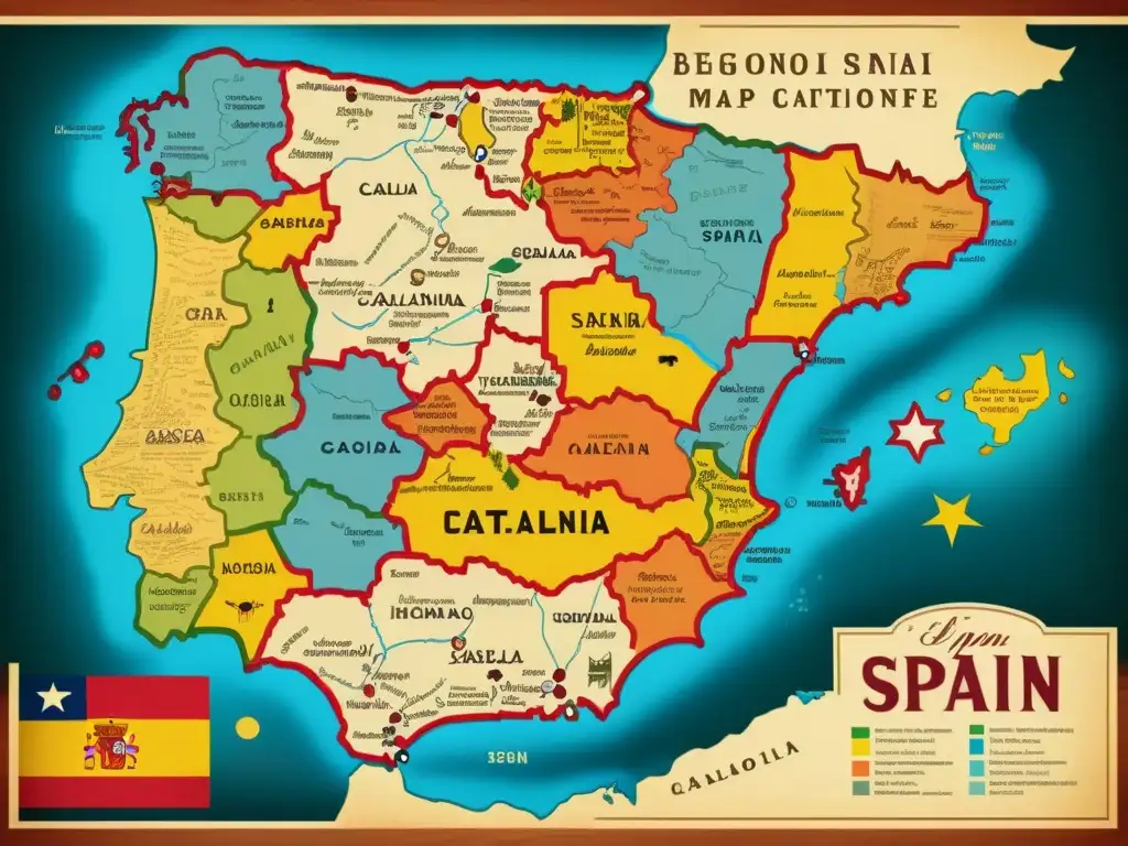 Mapa vintage de España con regiones destacadas: Cataluña, País Vasco y Galicia