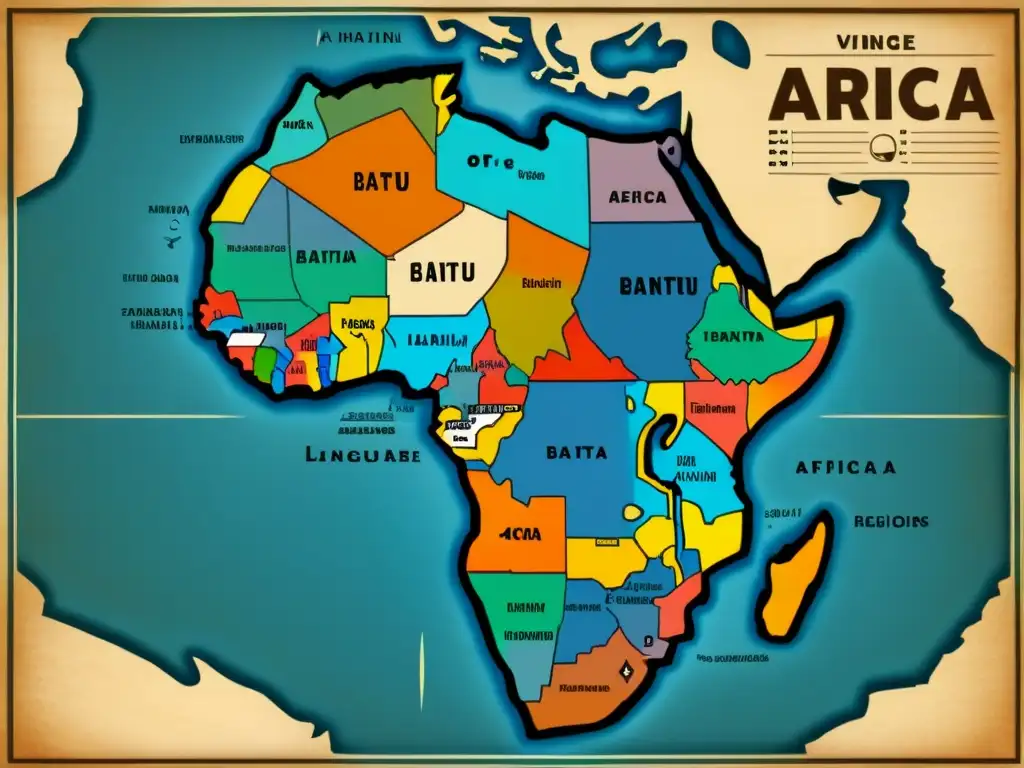 Mapa vintage de África muestra las diversas regiones lingüísticas bantúes, con detalles intrincados de los dialectos y familias de lenguas