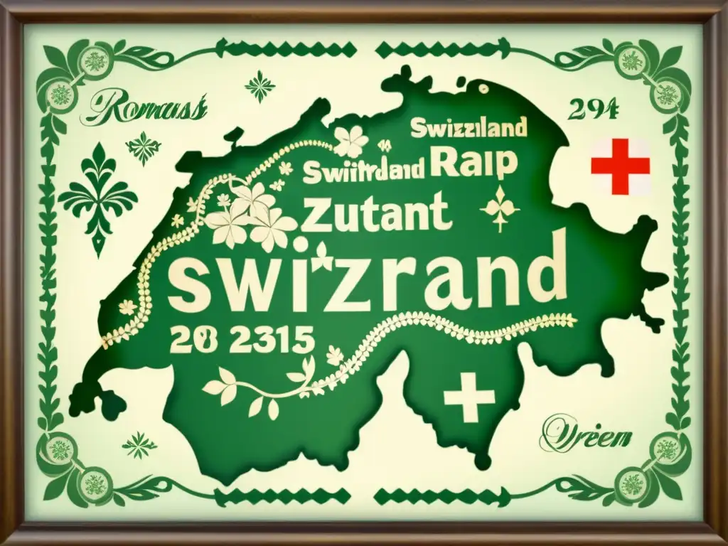 Mapa vintage de Suiza resaltando las regiones del romanche en tonos verdes, con caligrafía y símbolos tradicionales