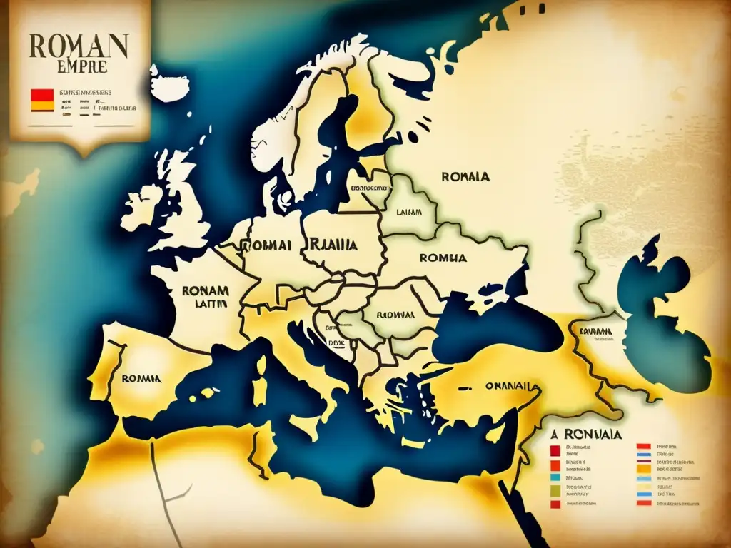 Mapa vintage de alta resolución del Imperio Romano con evolución fonética rumano latinidad, ilustraciones antiguas y texturas de pergamino