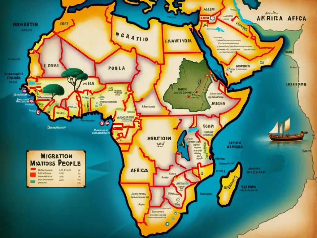 Mapa vintage de las rutas de migración de pueblos de habla bantú en África, con detalles culturales y evocando origen y evolución de lenguas bantúes