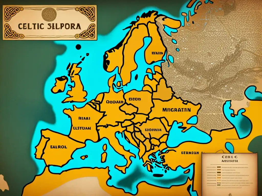 Mapa vintage detallando rutas migratorias celtas y su impacto en la evolución lingüística europea, con ilustraciones y detalles cartográficos en sepia