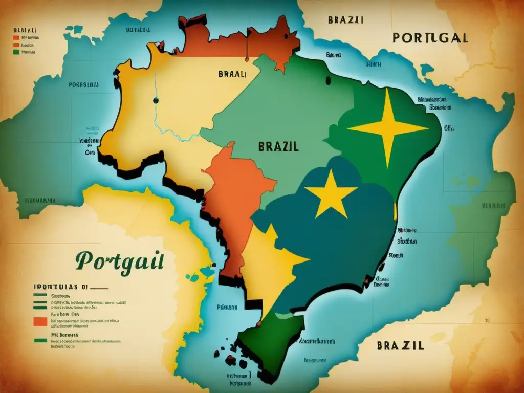 Mapa vintage mostrando similitudes y divergencias del portugués brasileño y europeo en Brasil y Portugal