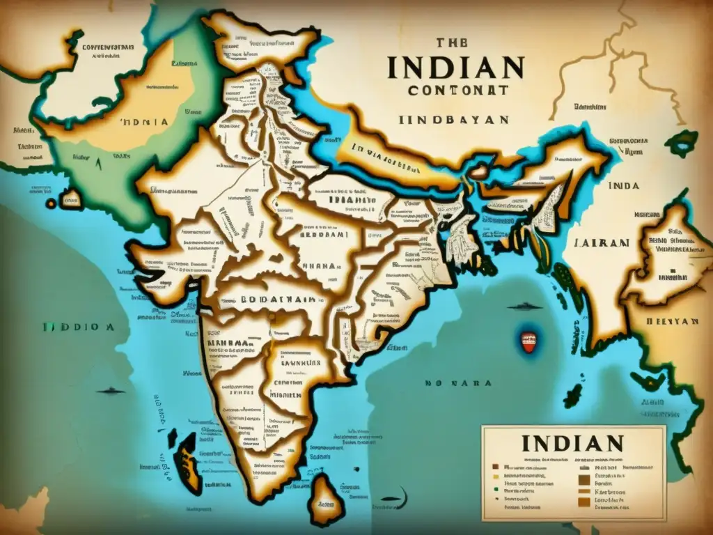 Mapa vintage de alta resolución del subcontinente indio, con detalles de la distribución lingüística indoaria y monumentos culturales, en tonos sepia desgastados y caligrafía delicada