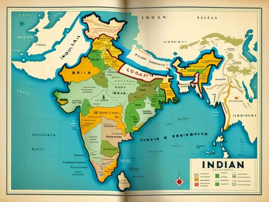 Mapa vintage del subcontinente indio, influencia de la colonización británica, ilustraciones detalladas y tonos sepia evocando nostalgia histórica