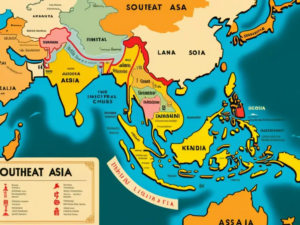 Mapa vintage de Asia del Sureste con interacción entre Chino Mandarín y lenguas frontera, ilustraciones culturales detalladas