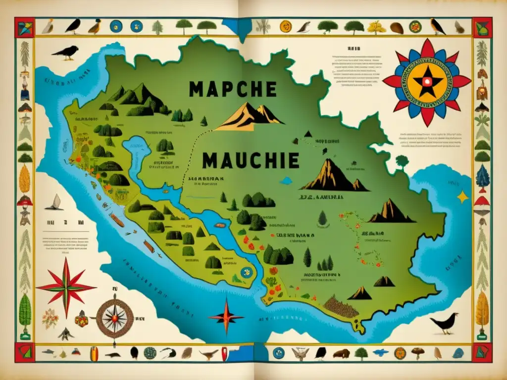 Mapa vintage del territorio Mapuche con detalles geográficos y símbolos tradicionales