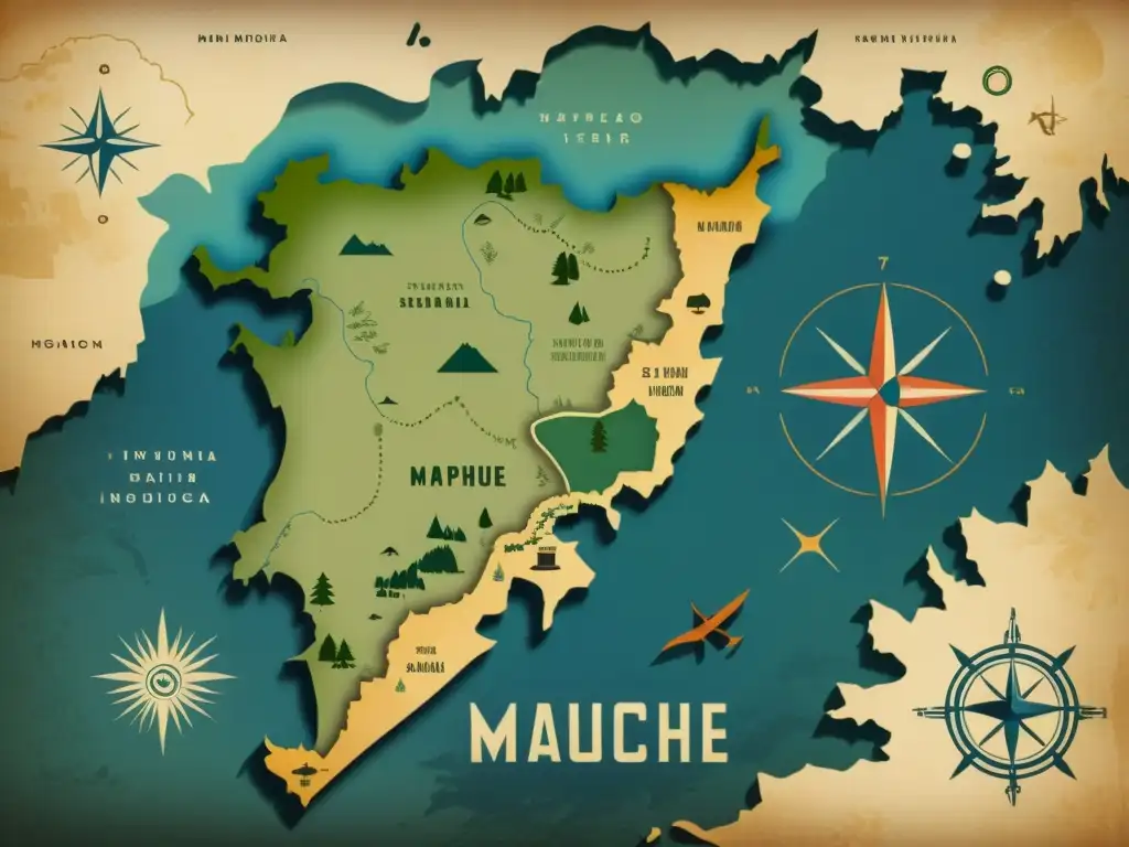 Mapa vintage del territorio Mapuche con detalles paisajísticos y símbolos tradicionales