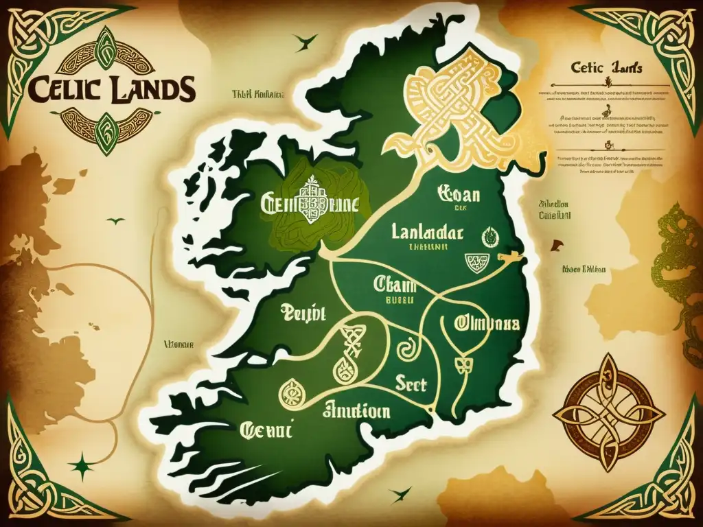 Un mapa vintage de tierras celtas con patrones e ilustraciones detalladas de símbolos celtas y territorios históricos