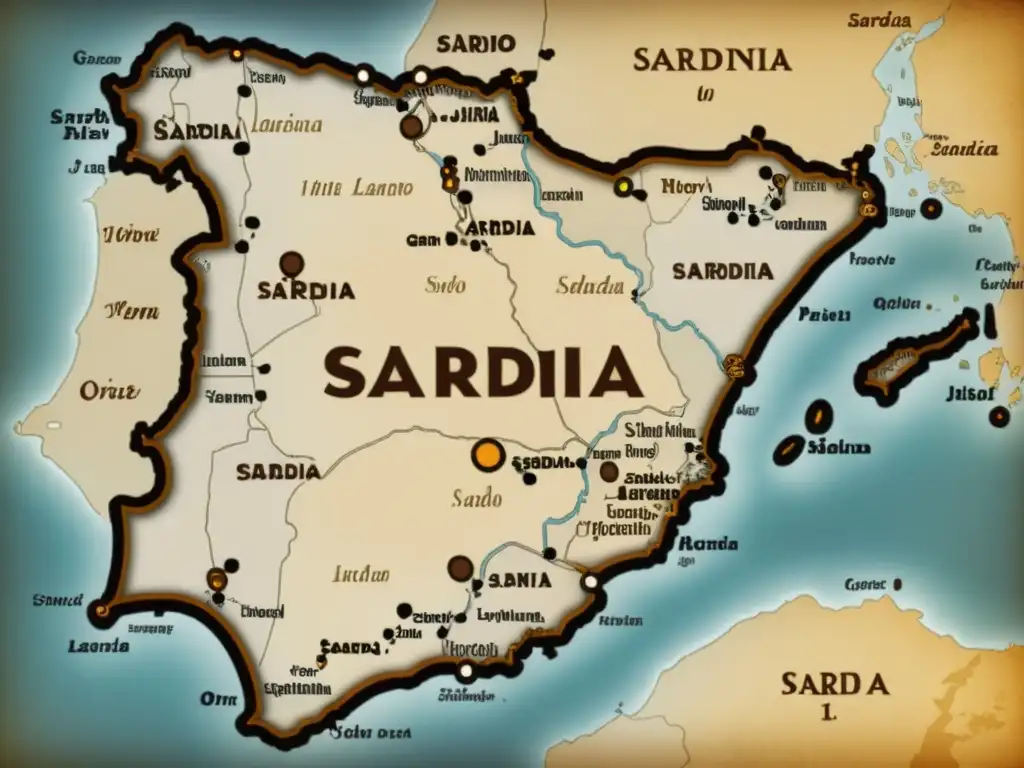 Mapa vintage de Cerdeña en tonos cálidos, destaca la lengua romance en riesgo Sardo